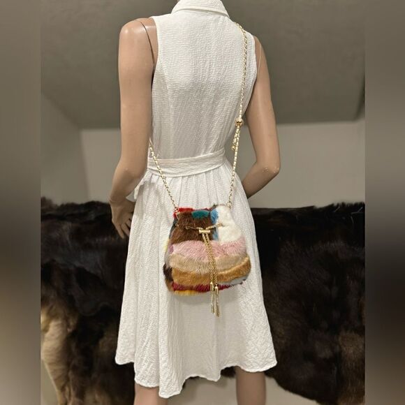 Handmade Color-block Genuine Mink Fur & Drawstring Bucket Bag Includes 2 Straps - Picture 8 of 16